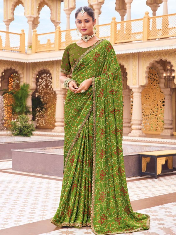 Grass Green Georgette Chiffon Bandhani Print Saree